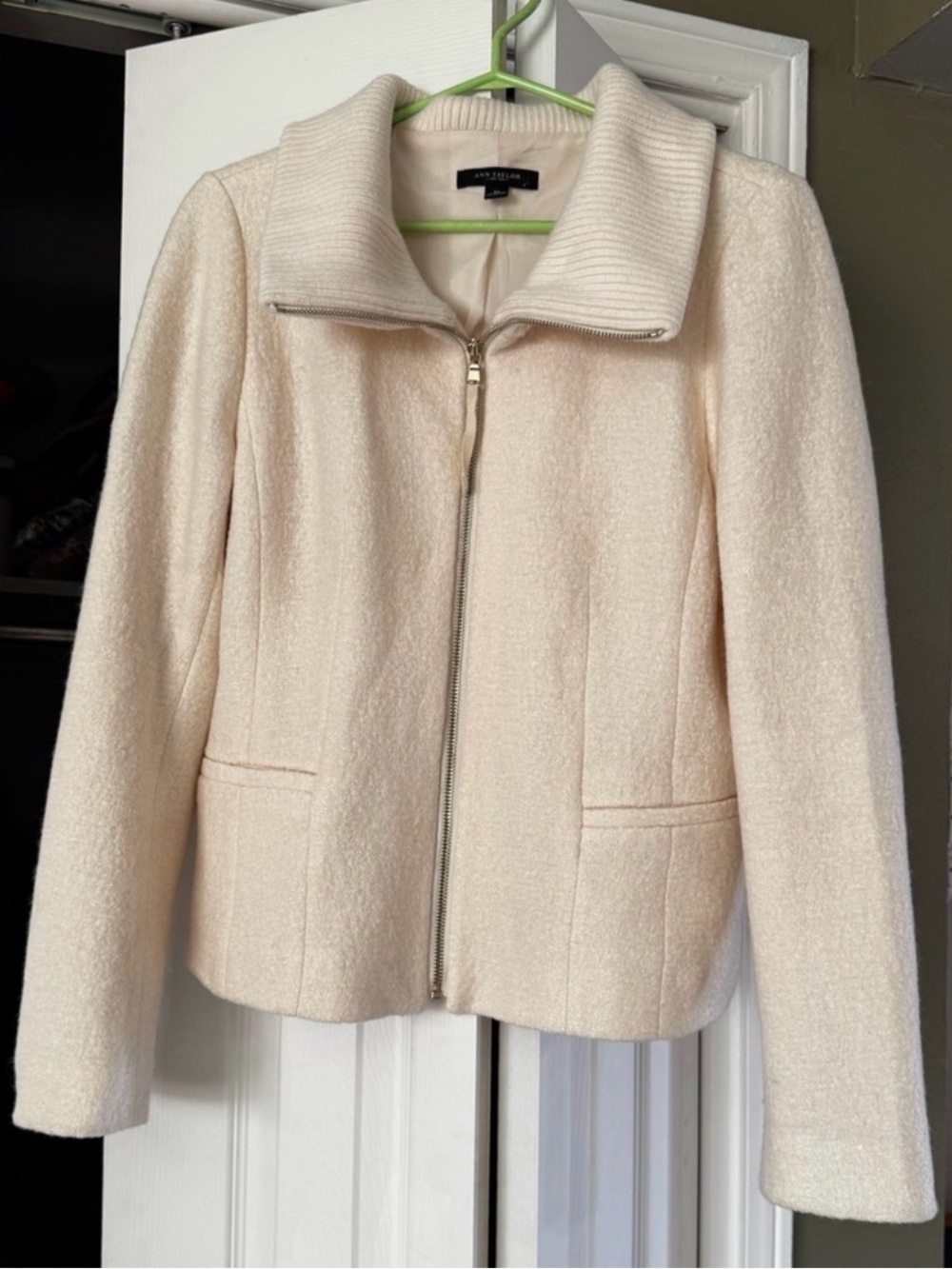 Ann Taylor Cream Textured Wool Blend Zip Front Jacket